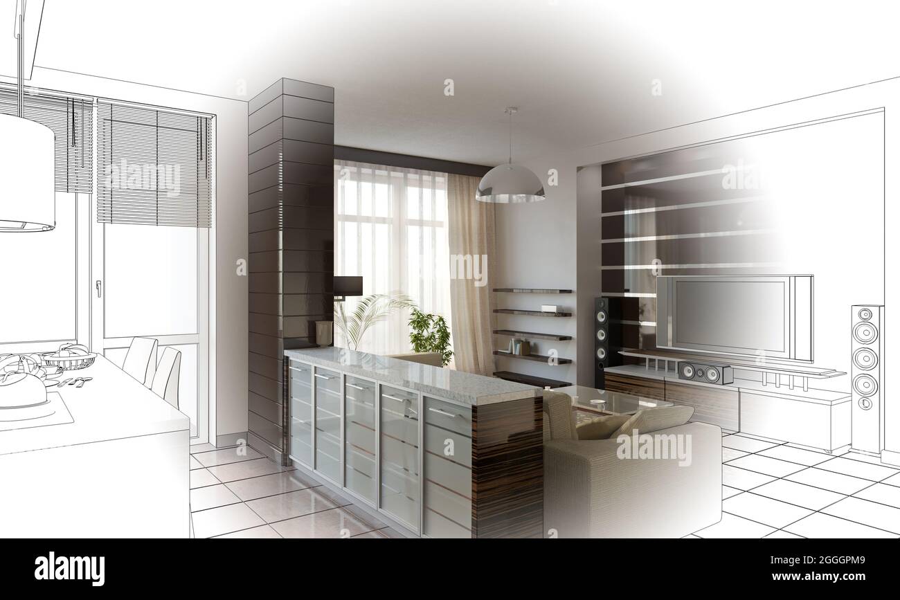visualization of modern residential interior design, 3D illustration ...