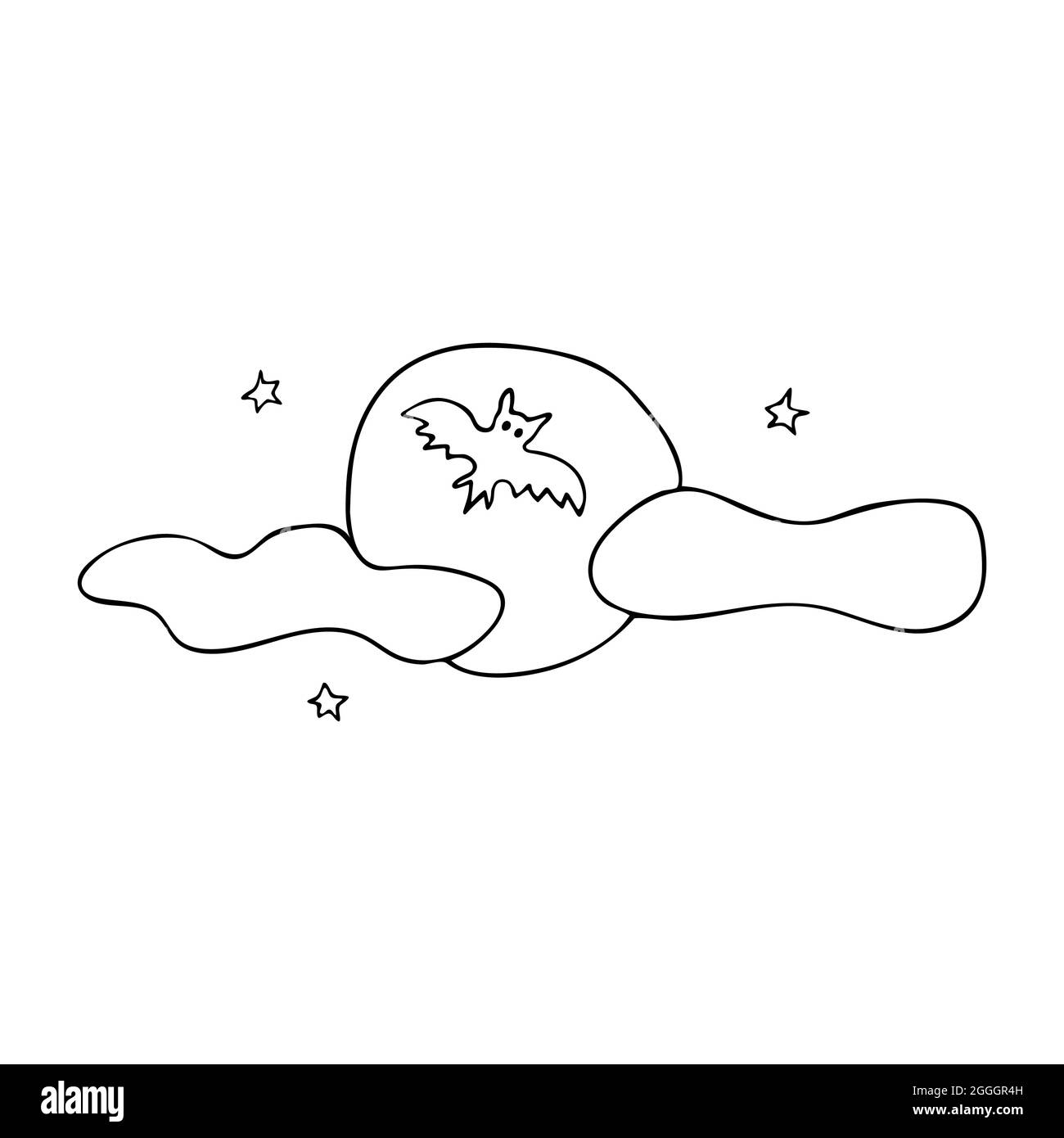 A bat flies against the backdrop of a full moon among stars and clouds at night. Doodle style. Black and white vector illustration. Nocturnal animal. Stock Vector