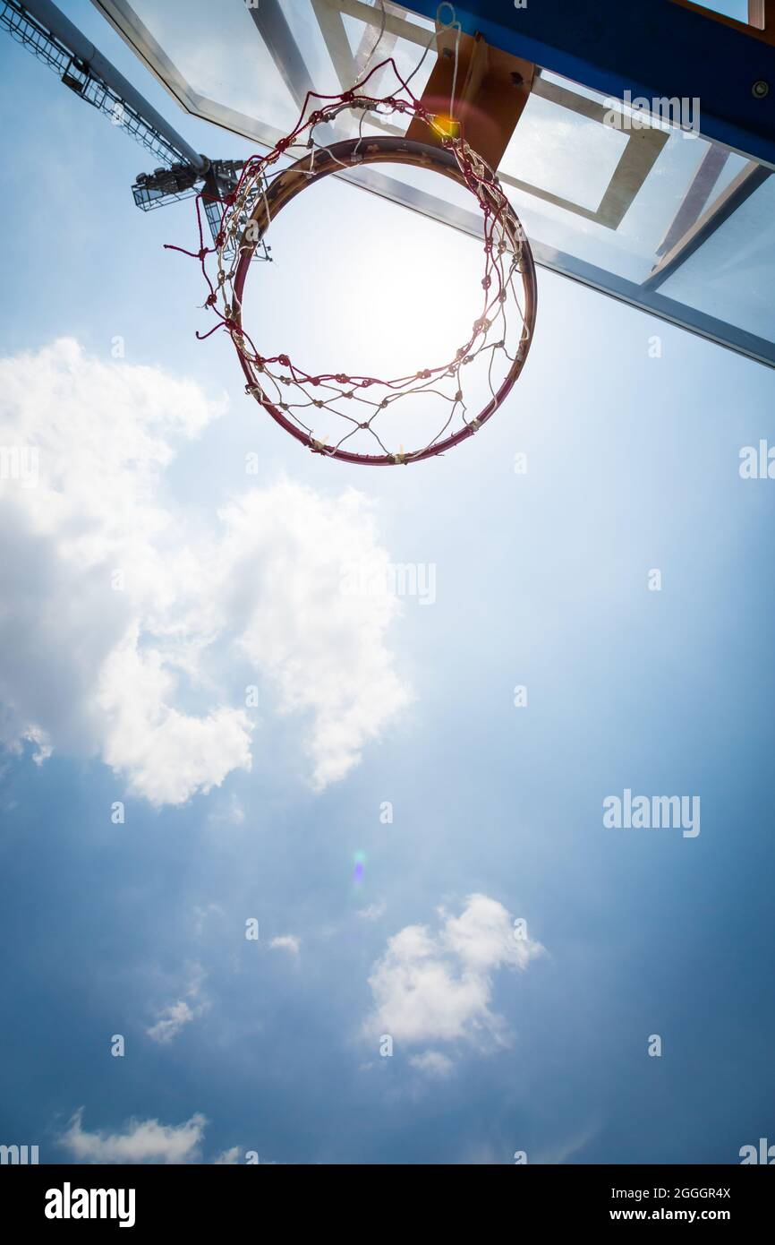 basketball hoop stand again blue sky in sunshine day Stock Photo Alamy