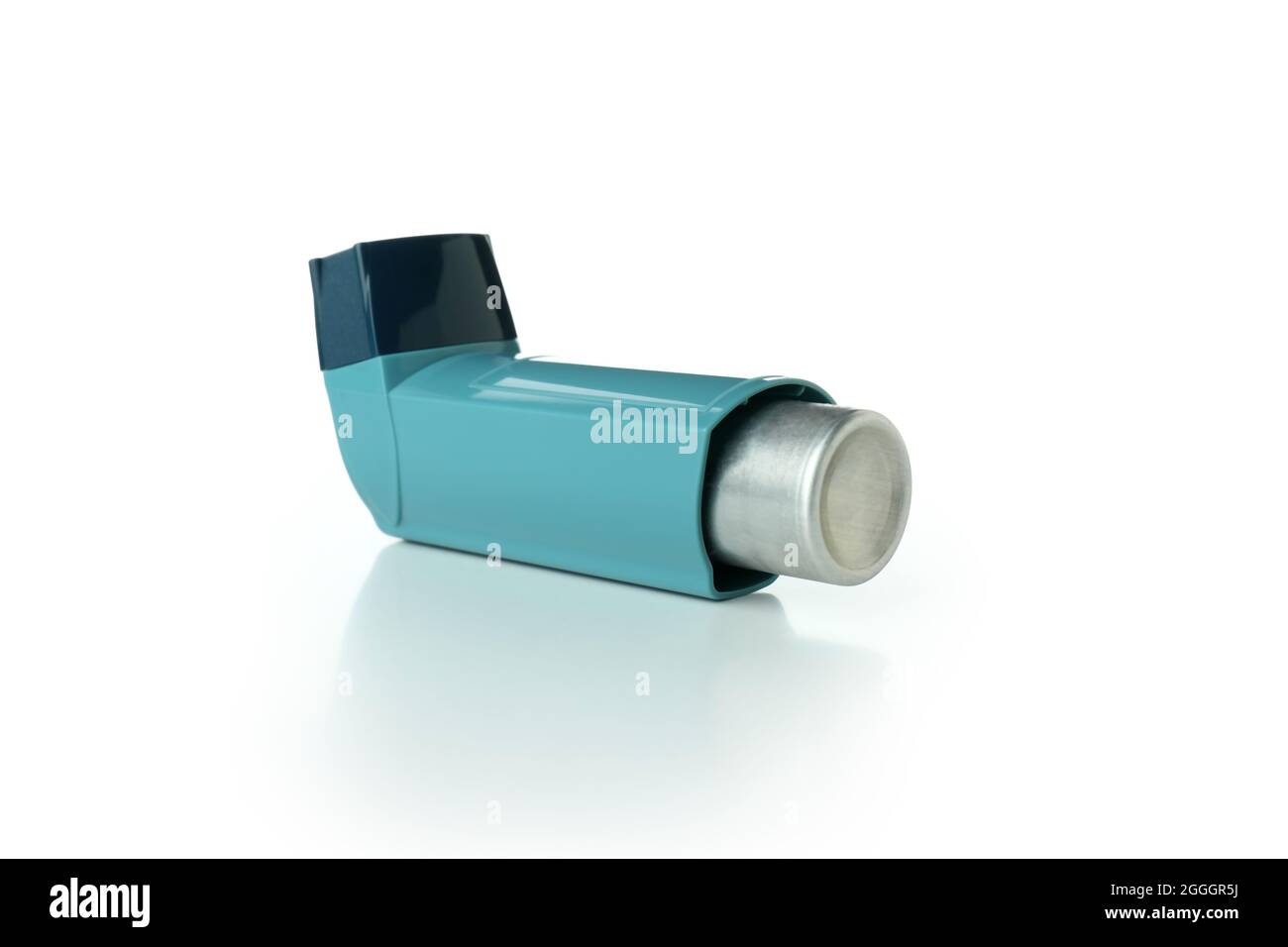 Blue asthma inhaler isolated on white background Stock Photo