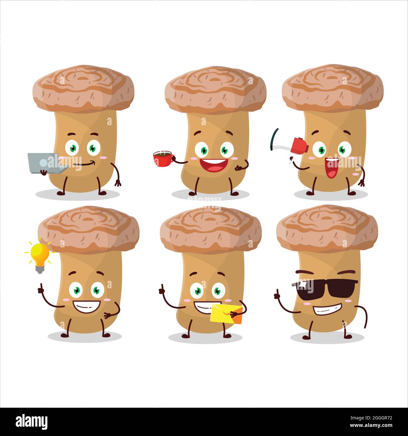 Woolly milkcap cartoon character with various types of business emoticons. Vector illustration Stock Vector