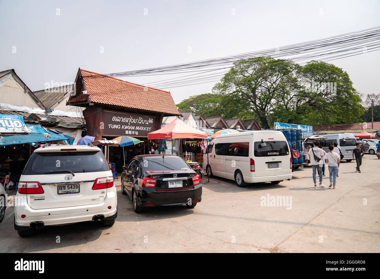 Lampang, Thailand - 28 Mar 2021, Environment of CarParking in front of Kad Tung Kwain Market, Local Traditional Marketplace in Lampang in Coronavirus Stock Photo