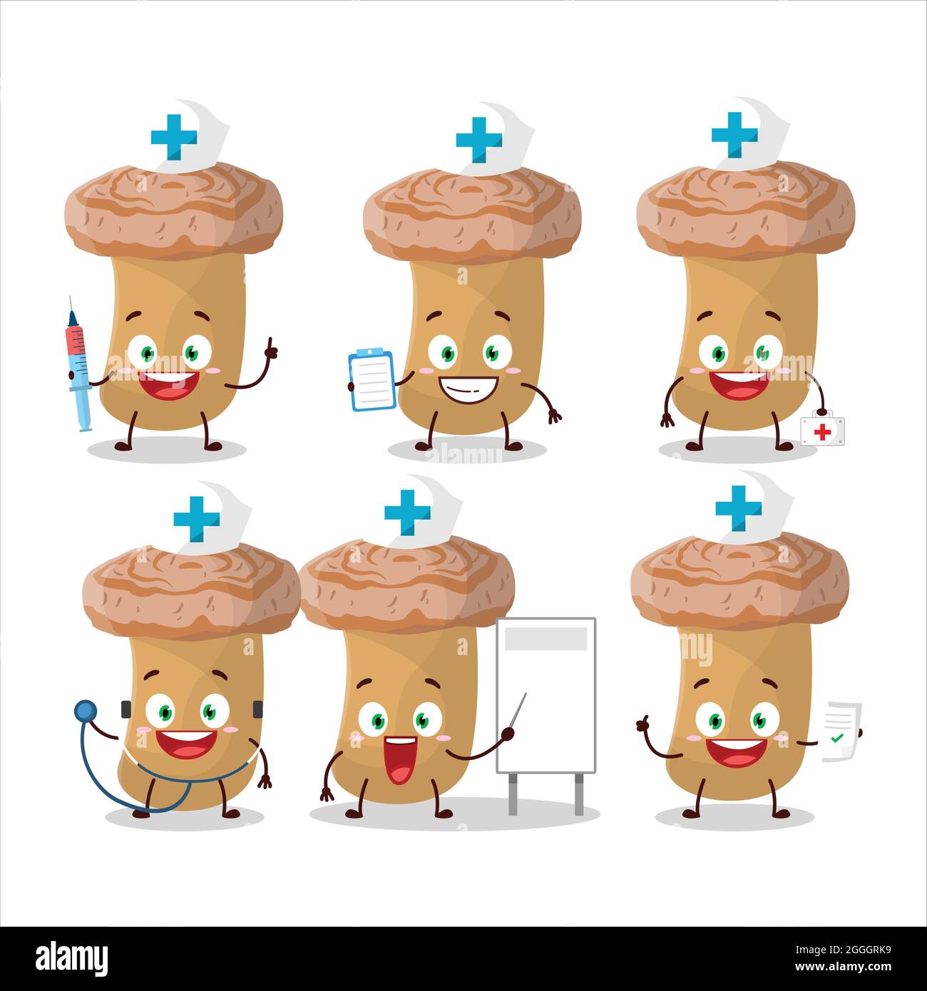 Doctor profession emoticon with woolly milkcap cartoon character. Vector illustration Stock Vector