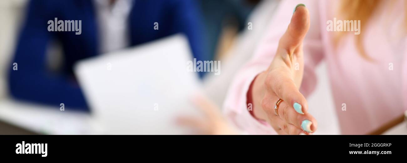 Businesswoman offer hand to shake as hello in office closeup Stock ...