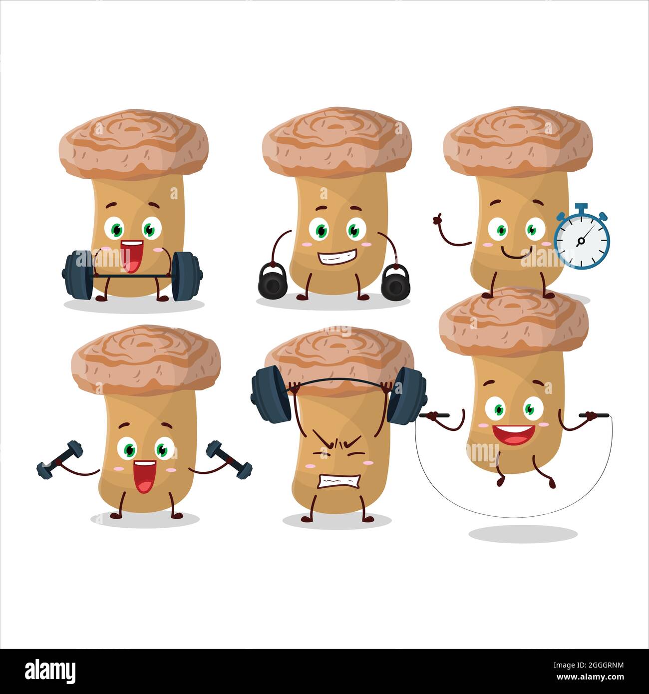 A healthy woolly milkcap cartoon style trying some tools on Fitness center. Vector illustration Stock Vector