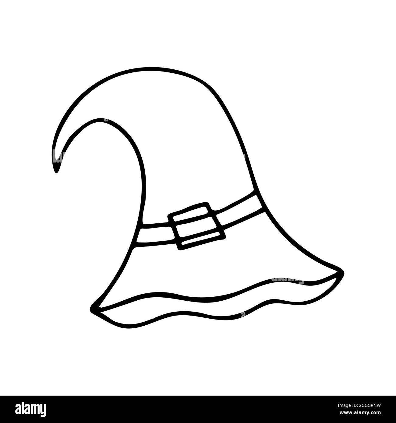 The witch hat is curved, black and white vector illustration in doodle ...