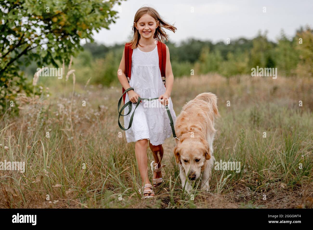 Girl with golden retriever dog Stock Photo - Alamy