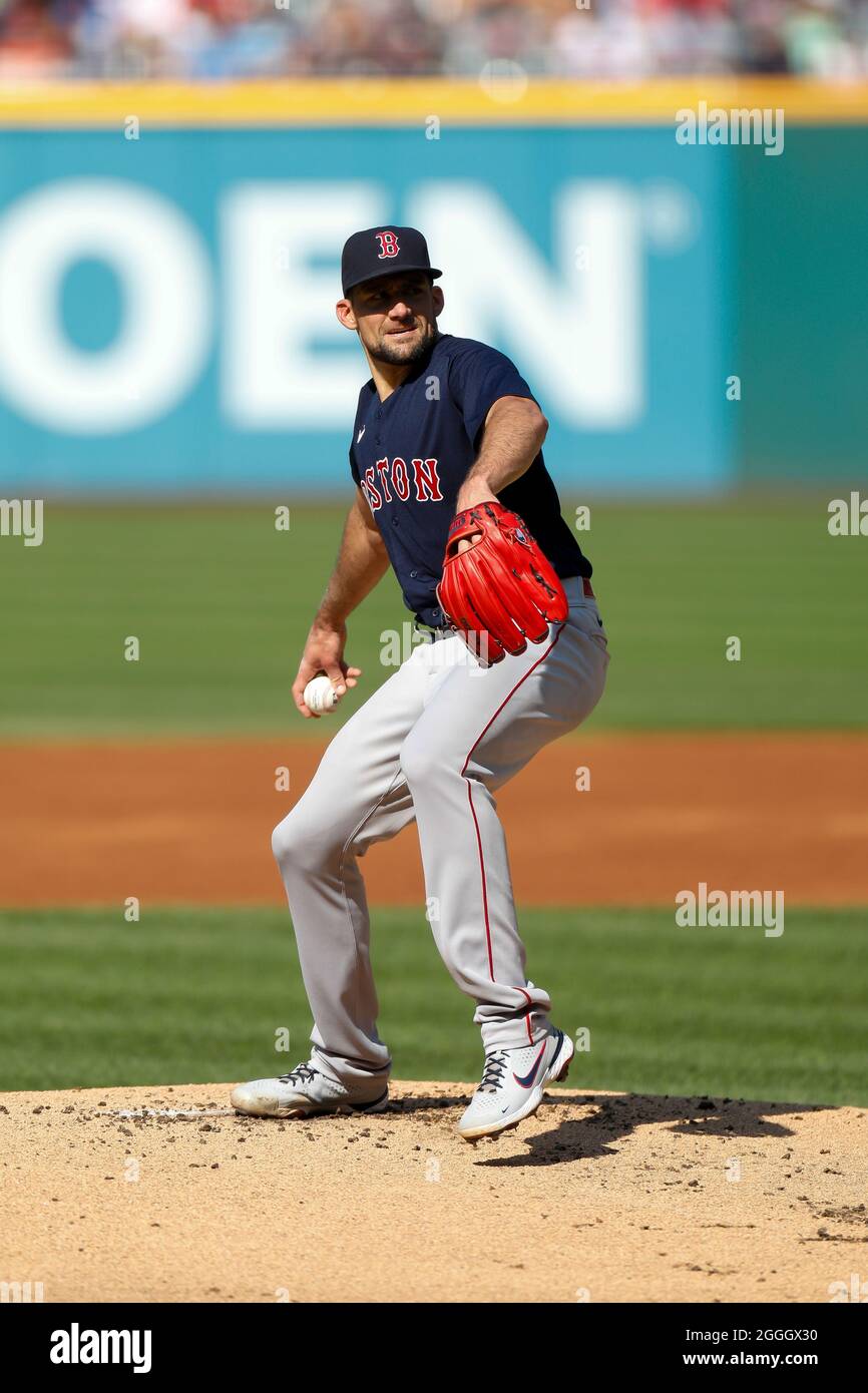 Boston Red Sox pitcher Nathan Eovaldi #17 pitches the ball during an MLB regular season game against the Cleveland Indians, Saturday, August 28, 2021, Stock Photo