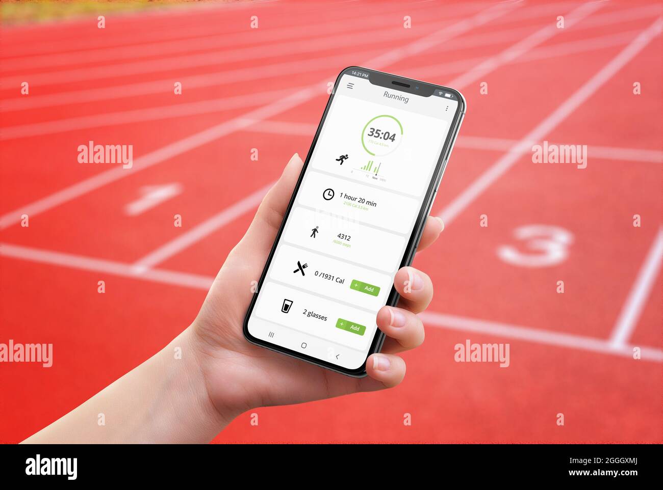 Woman holding smart phone and uses it for track exercises. Sport, running and jogging app concept Stock Photo