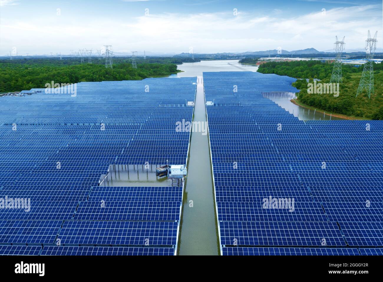 Aerial Photographing Industrial New Energy Solar PV Panels at Sunset Stock Photo