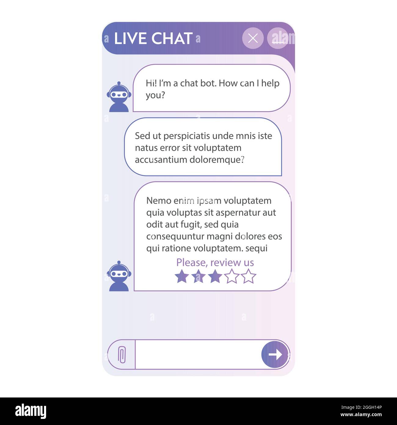 Chat bot window. User interface of application with online dialogue.  Conversation with a robot assistant Stock Vector Image & Art - Alamy
