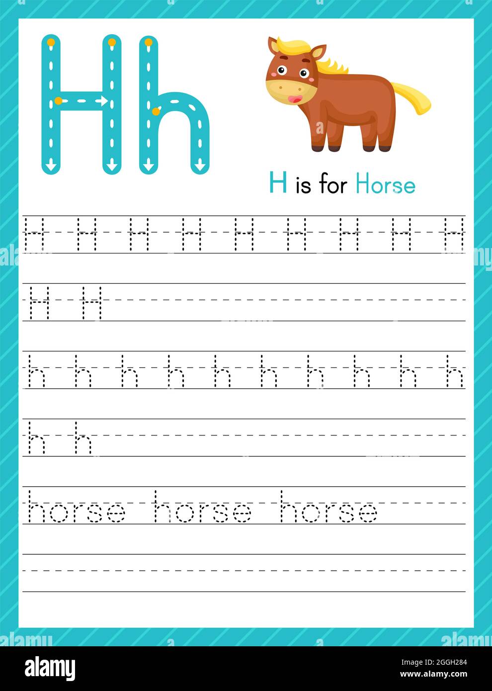 Trace letter h uppercase and lowercase alphabet tracing practice