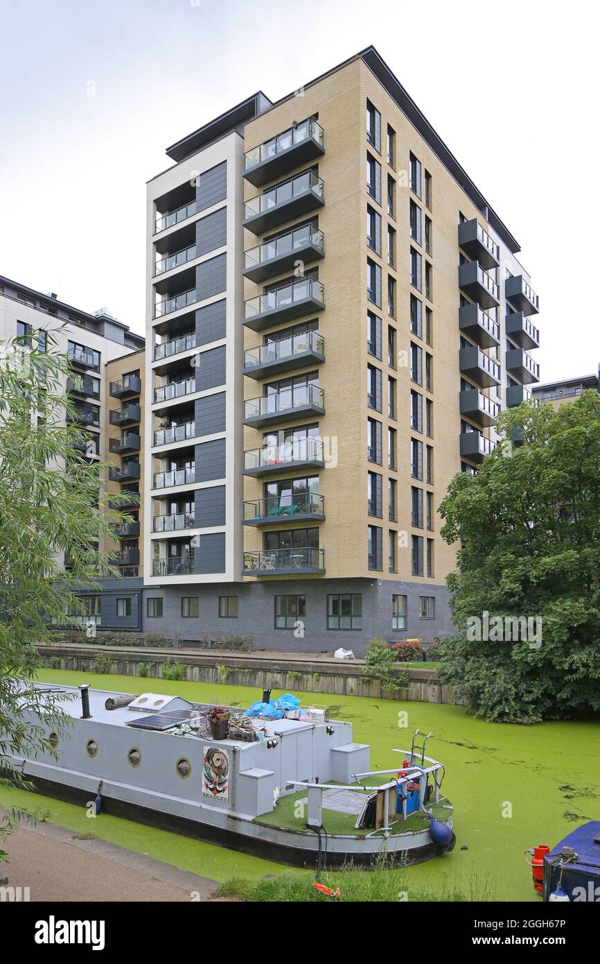 Titanium Point, part of Suttons Wharf, a new residential development next to the Grand Union Canal in East London. By Burwell Deakins Architects. Stock Photo