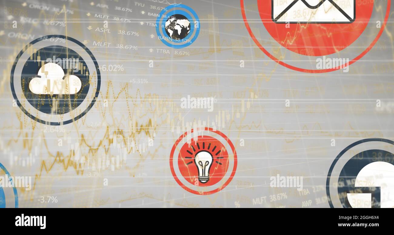Image of financial data processing over digital icons Stock Photo