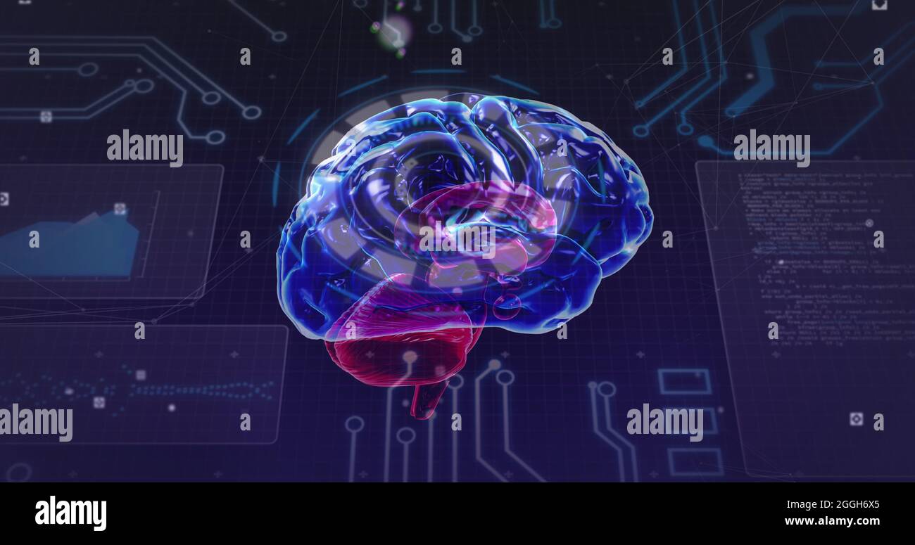 Image of scope scanning, data processing and human brain spinning with ...