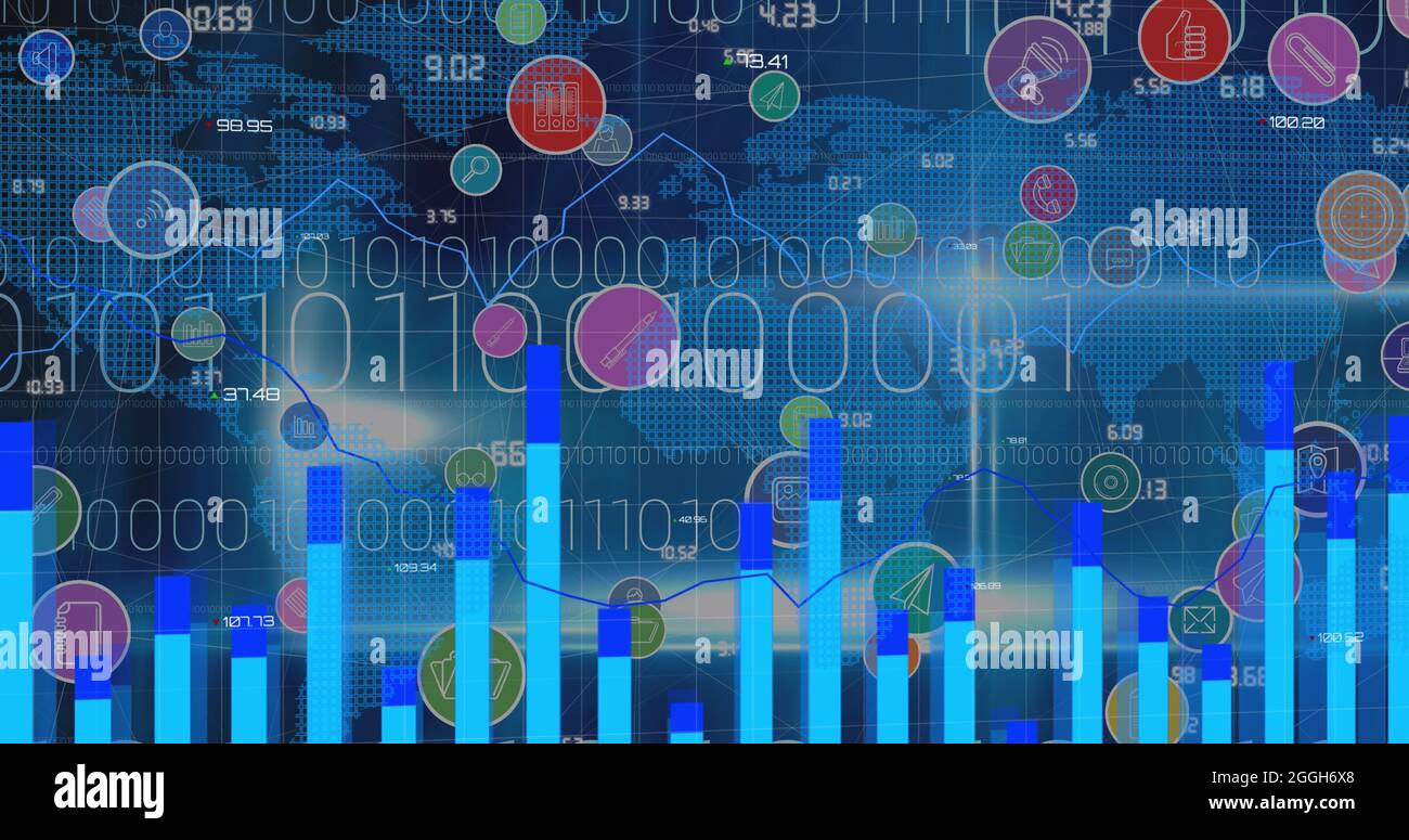 Image of digital icons and data processing with binary coding over ...