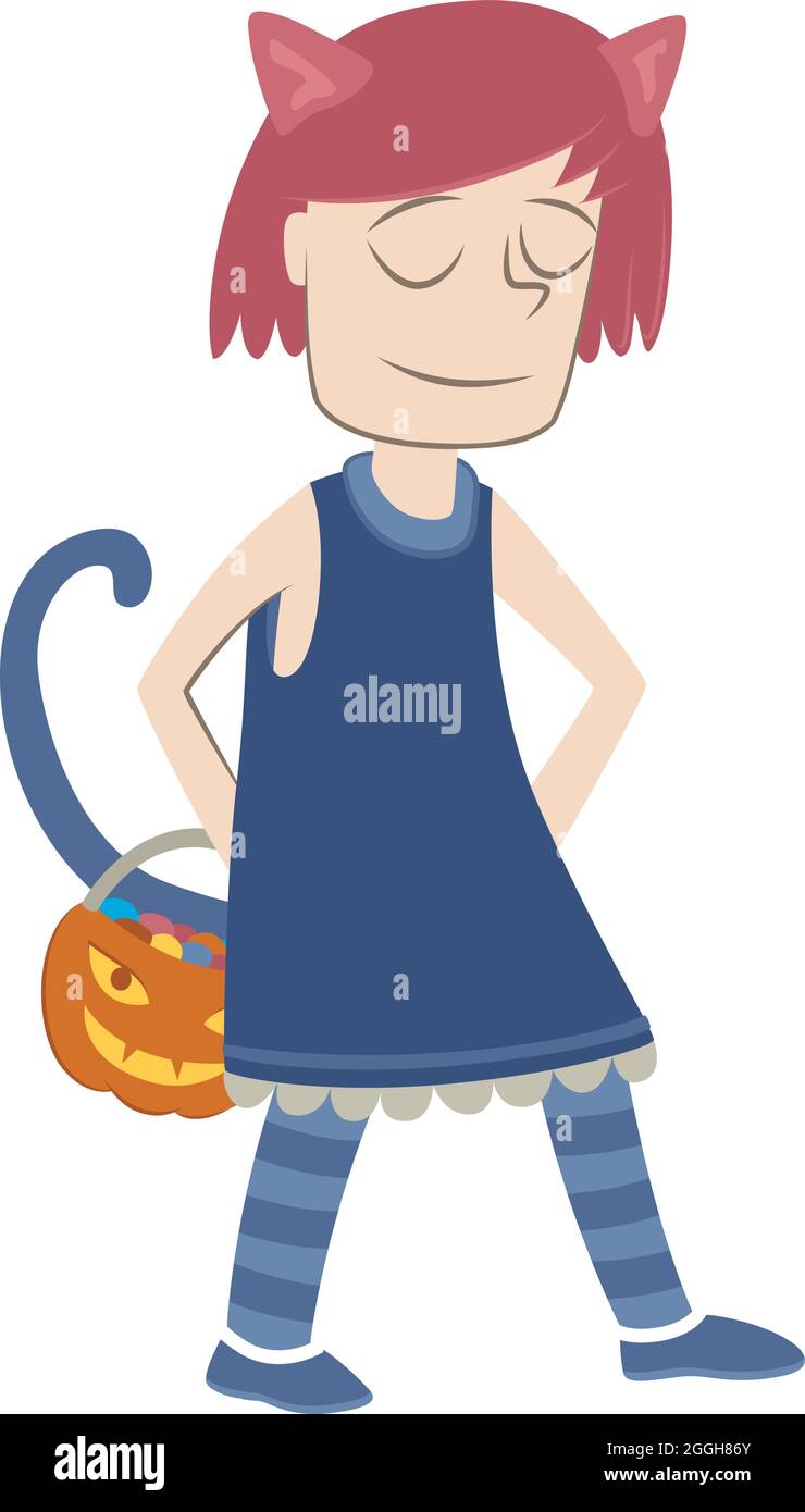 Retro style illustration of a girl dressed as a cat for the Halloween party. Stock Vector