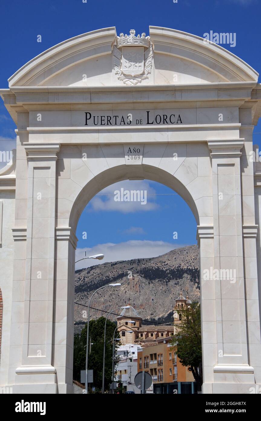 Puertas de Lorca with the Santa Maria de la Encarnacion church to the rear, Velez Rubio, Almeria Province, Spain. Stock Photo