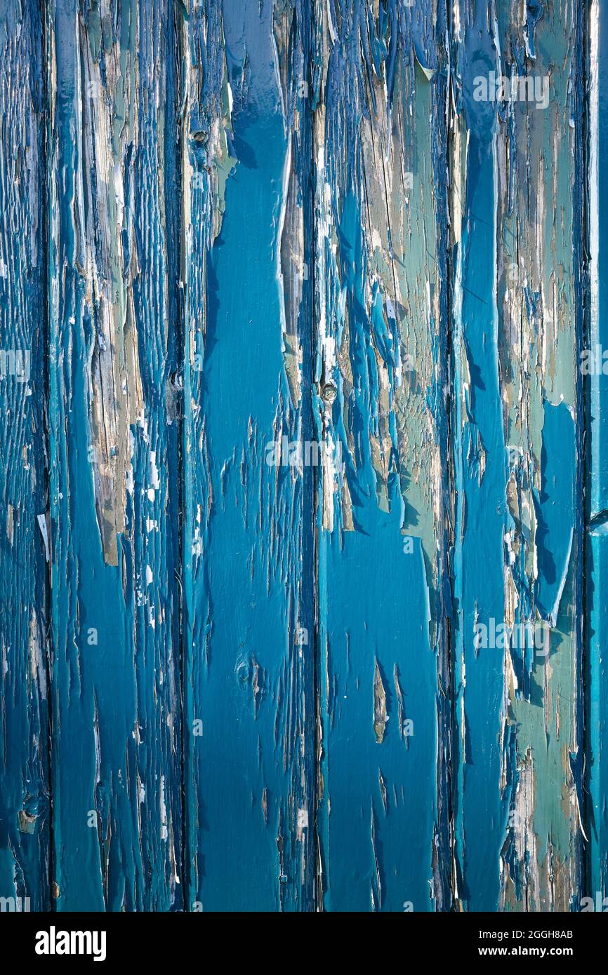 weathered blue door with peeling paint Stock Photo