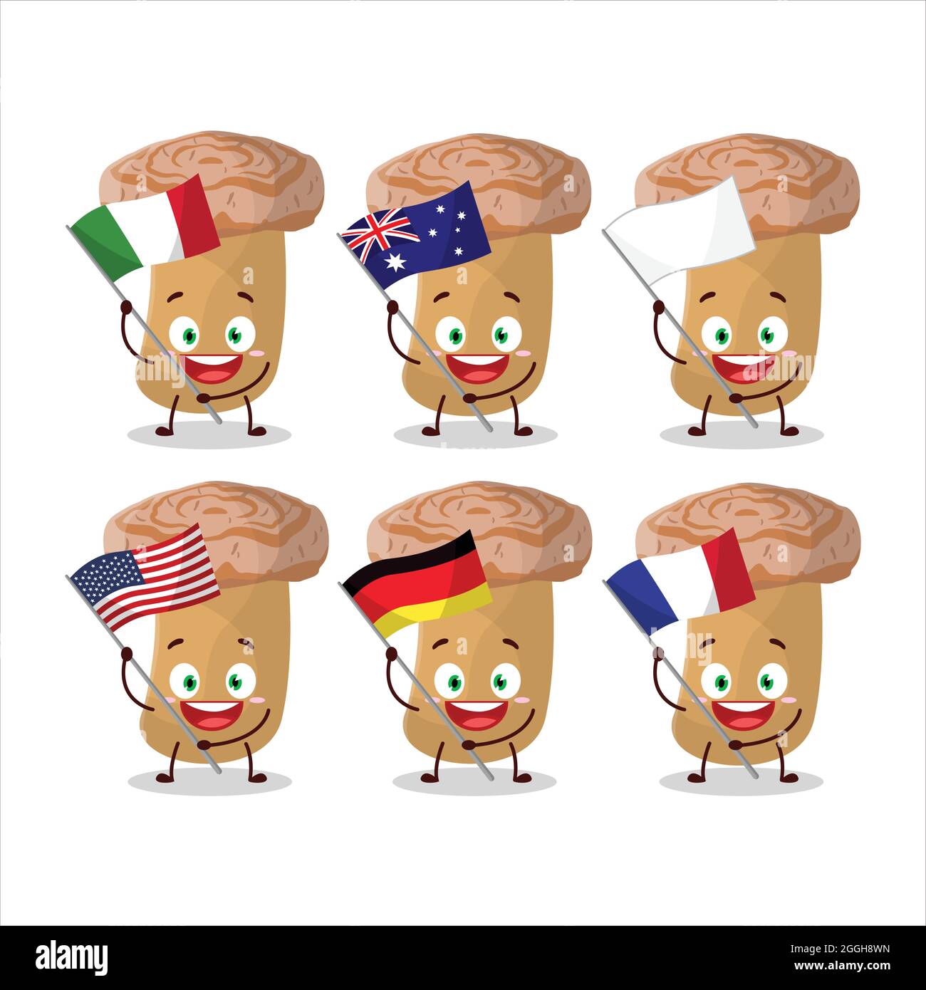 Woolly milkcap cartoon character bring the flags of various countries. Vector illustration Stock Vector