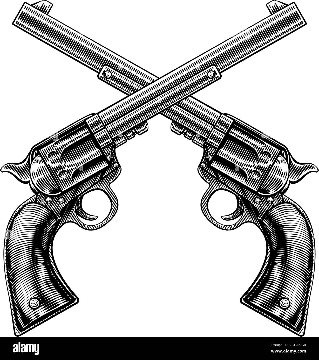 Cross Gun Revolver Western Cowboy Pistols Woodcut Stock Vector