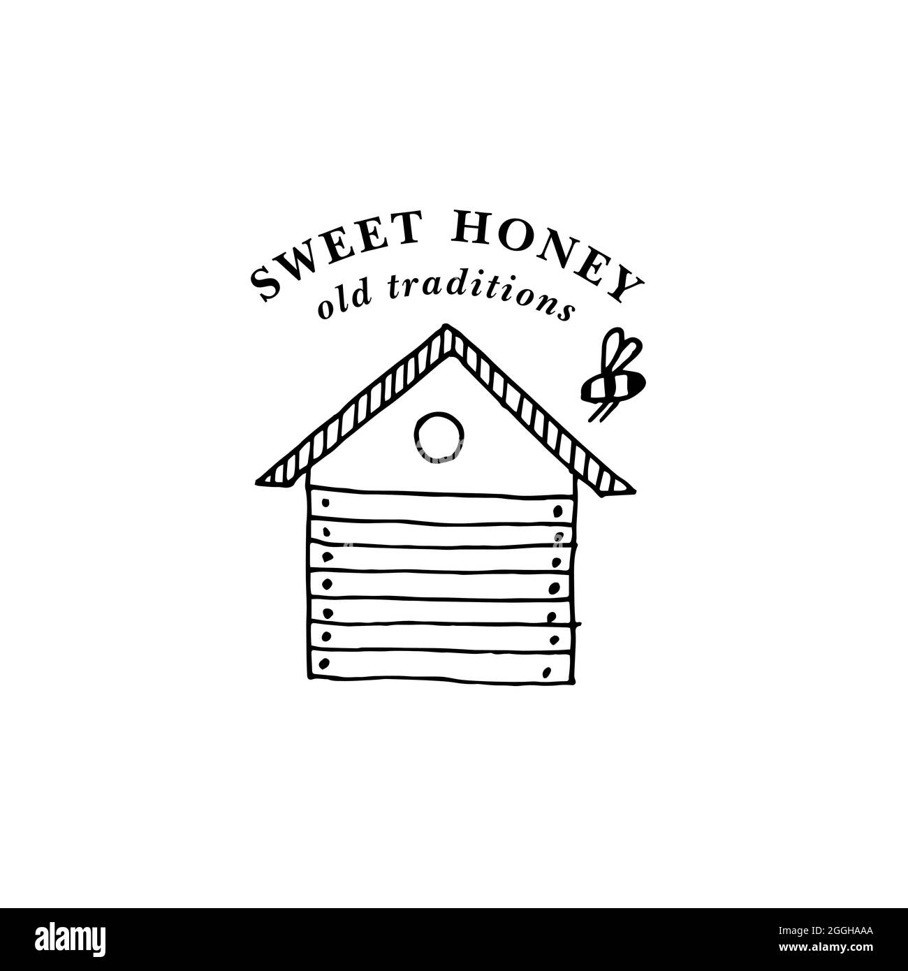 Vector illustartion logo and design template or badge. Organic and eco honey label- bees hibe. Linear style Stock Vector