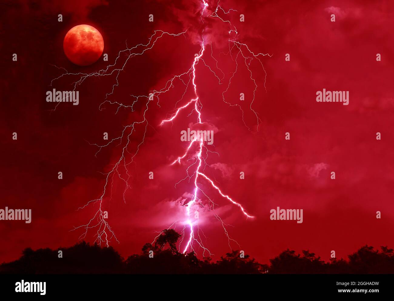 Surreal Pop Art Style Powerful Lightning Strikes in the Bloody Red Night Sky with a Spooky Full Moon Stock Photo