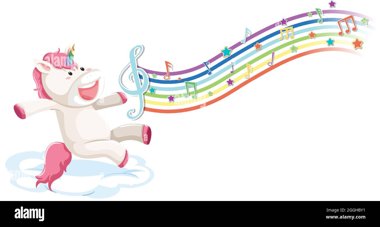 Cute unicorn standing on the cloud with melody symbols on rainbow ...