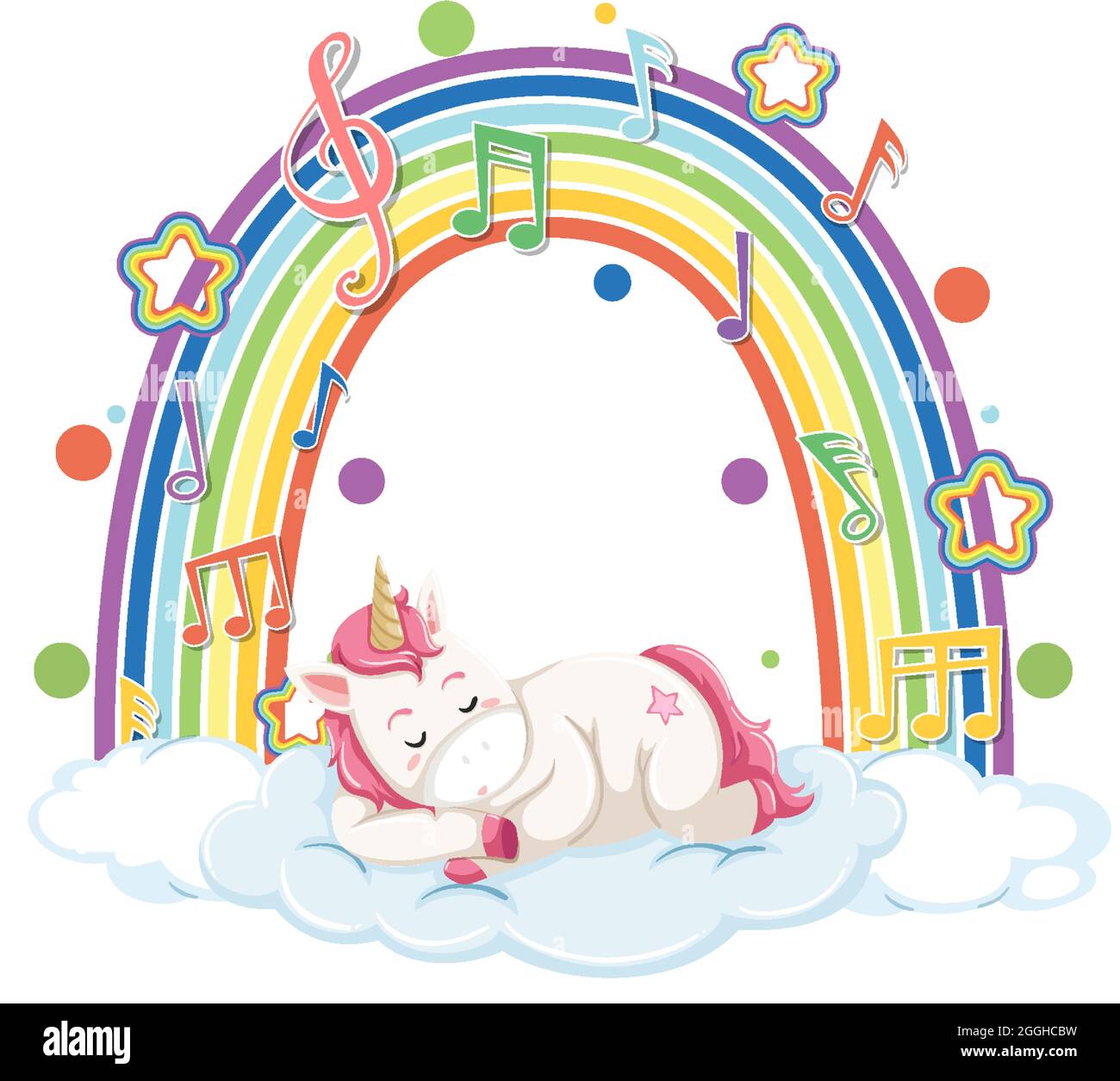 Unicorn sleeping on cloud with rainbow and melody symbol illustration ...