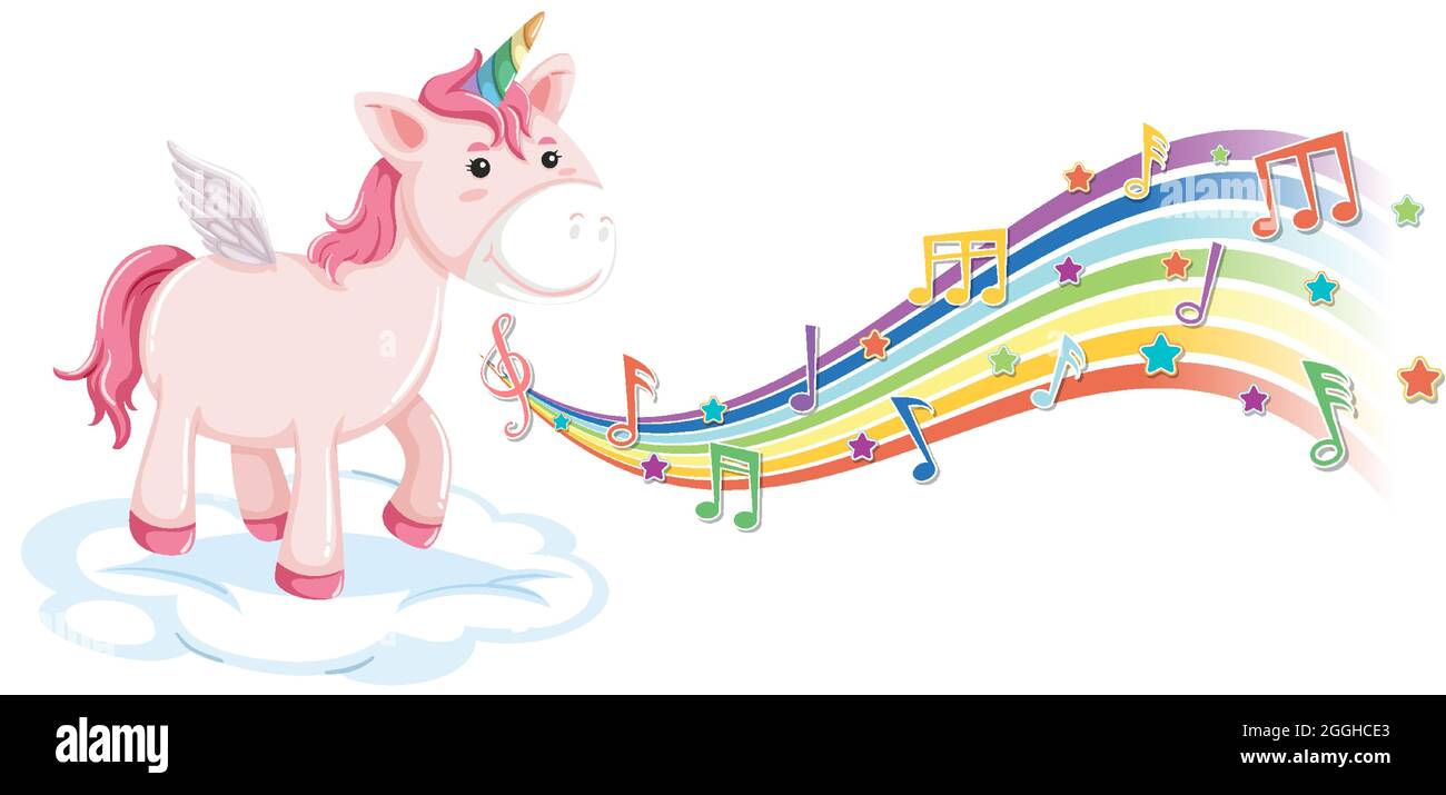 Cute unicorn standing on the cloud with melody symbols on rainbow ...