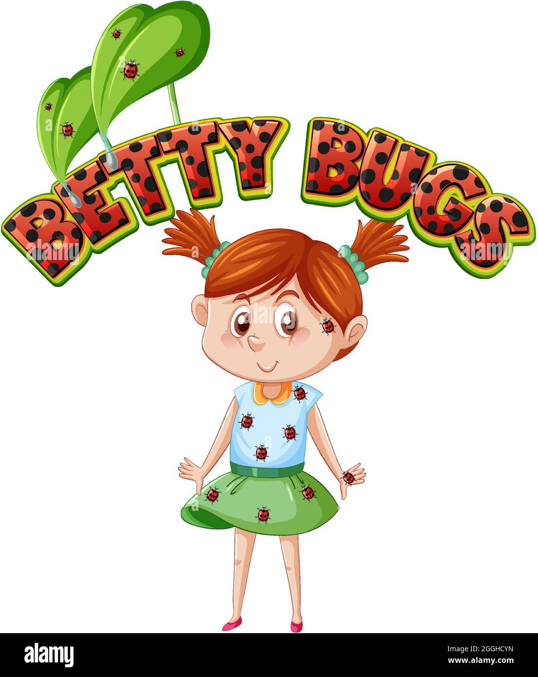 Patsy Bug Betty Bugs logo text design with ladybugs perched on girl's body ...