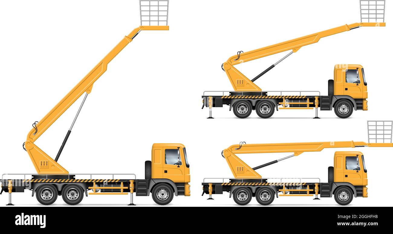 Bucket truck vector illustration view from side isolated on white background. Aerial work bucket vehicle mockup. Easy to editing and recolor. Stock Vector