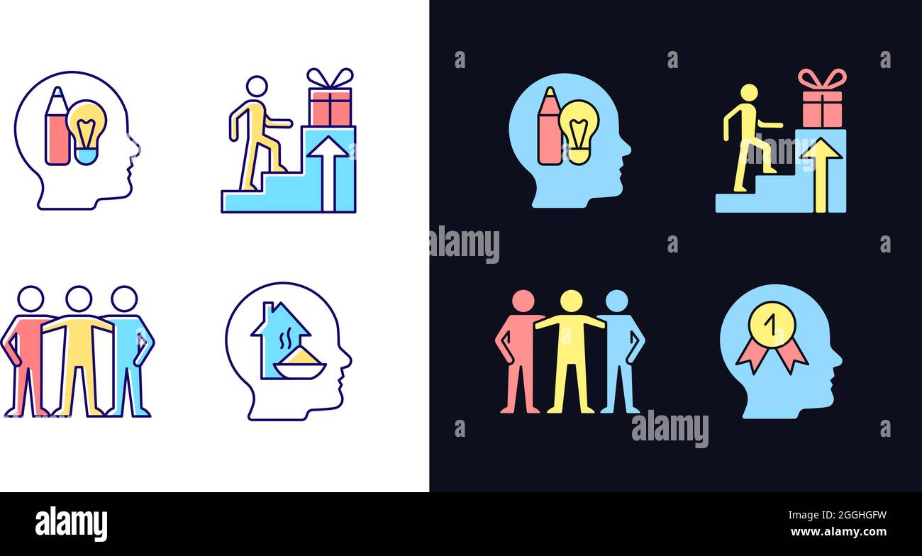 Motivational boosters light and dark theme RGB color icons set Stock Vector