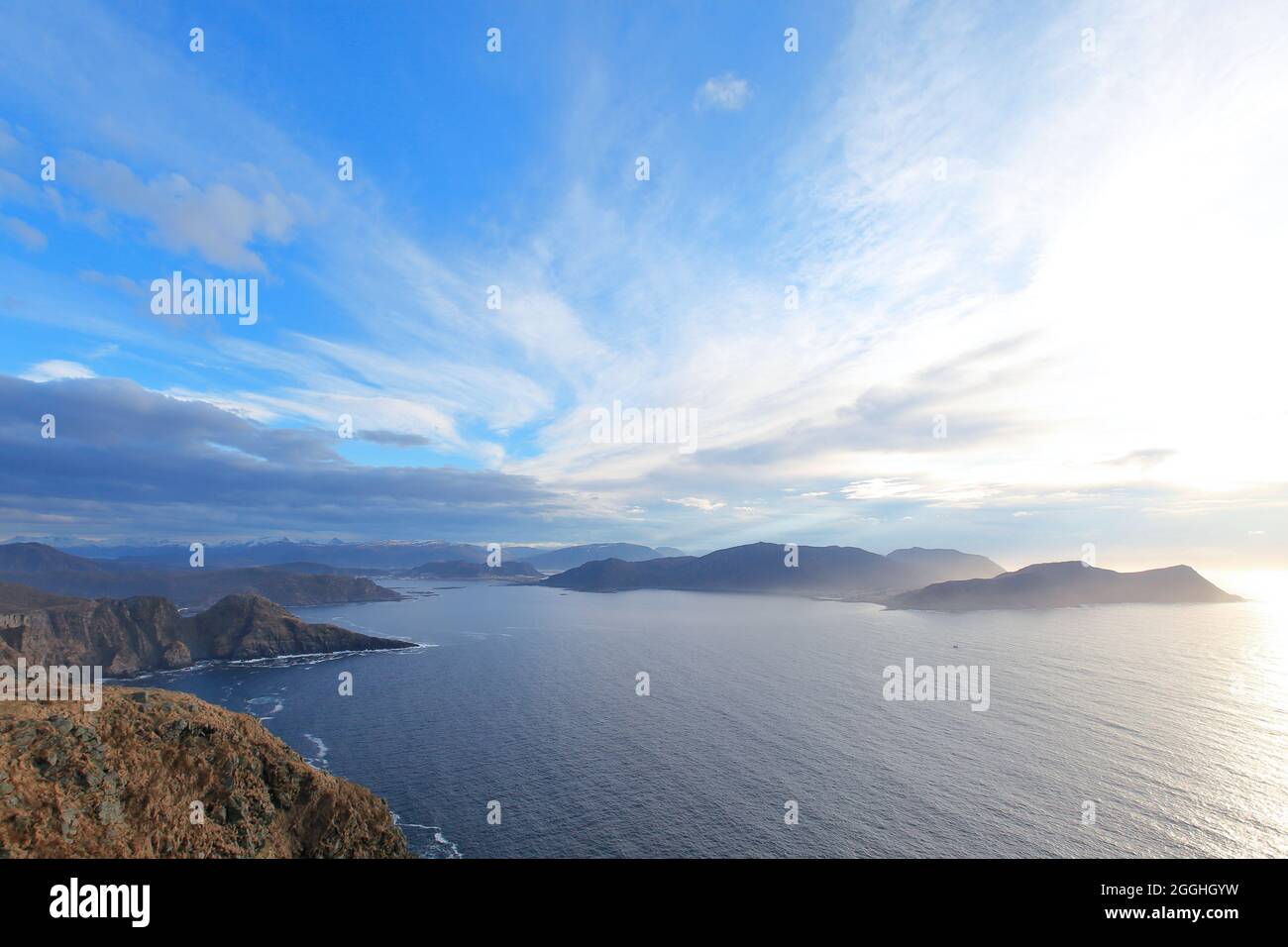 Ocean view with mountains in background at Runde in Norway. Beautiful panorama. Stock Photo