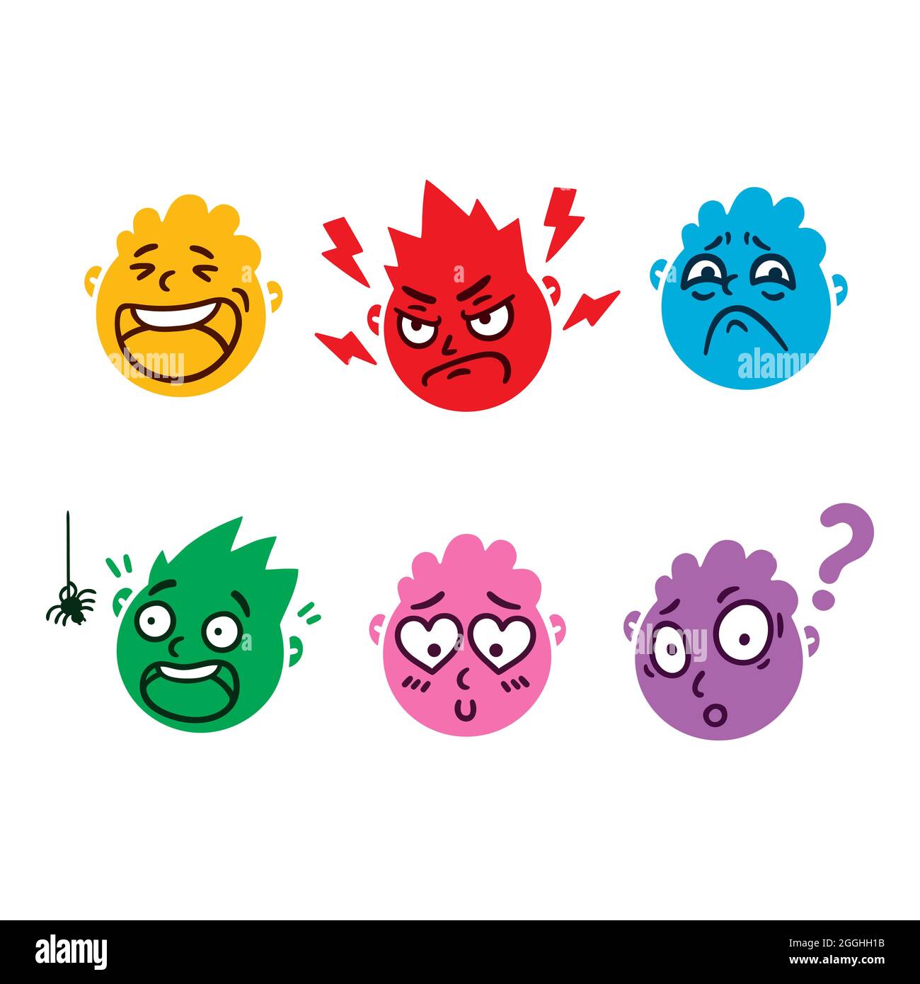 Round abstract face with different emotions. Happy, angry, questioning, scared, sorrow, falling in love emoji avatar. Flat design vector. Stock Vector