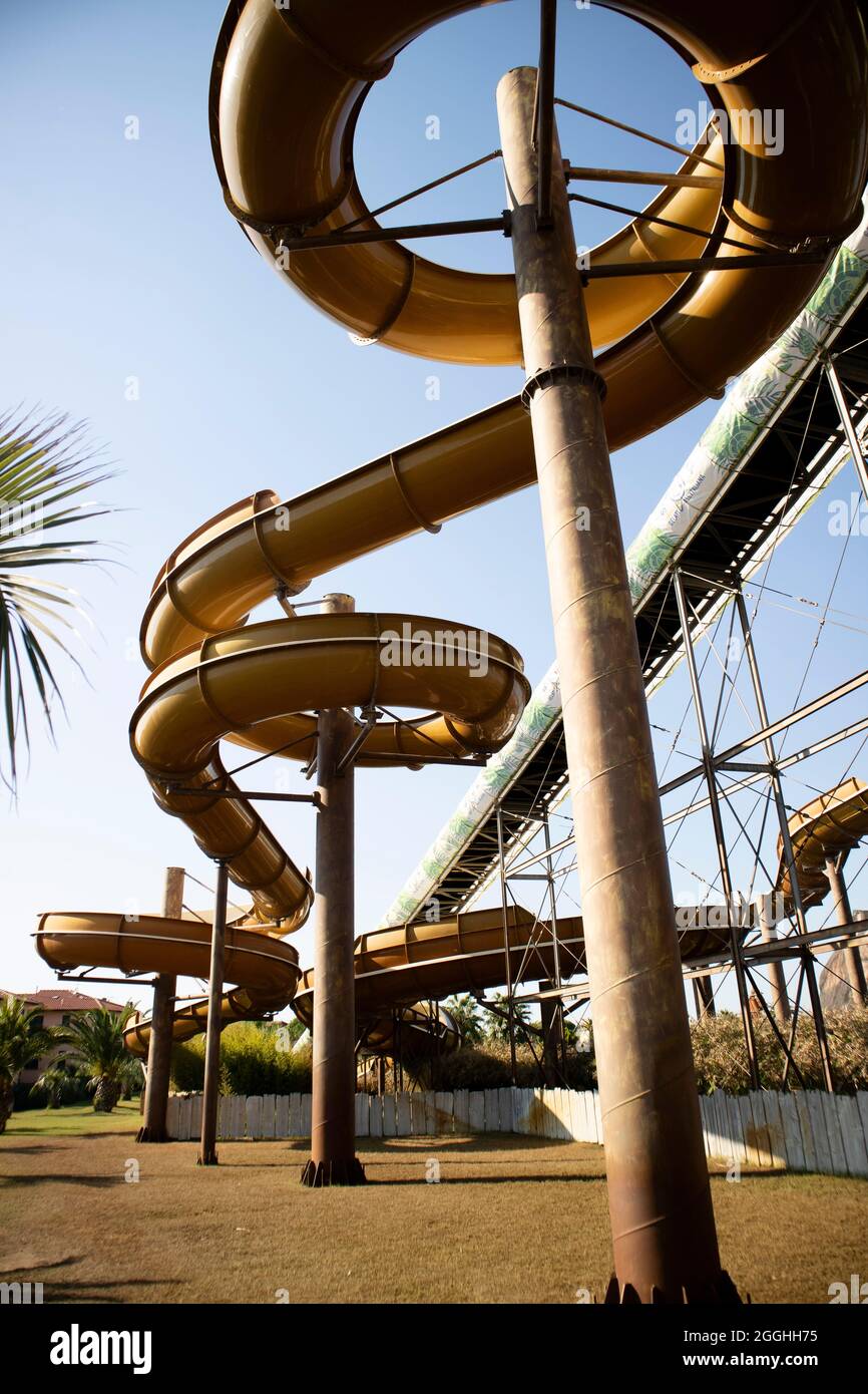 View of the steel structure of the Anaconda attraction in a water park