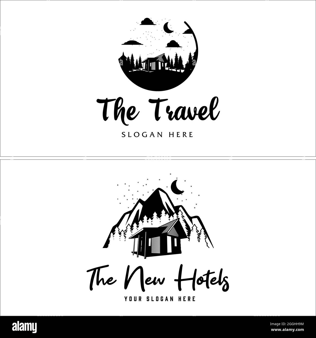 Cabin villa rental mountain recreation outdoor adventure logo design Stock Vector