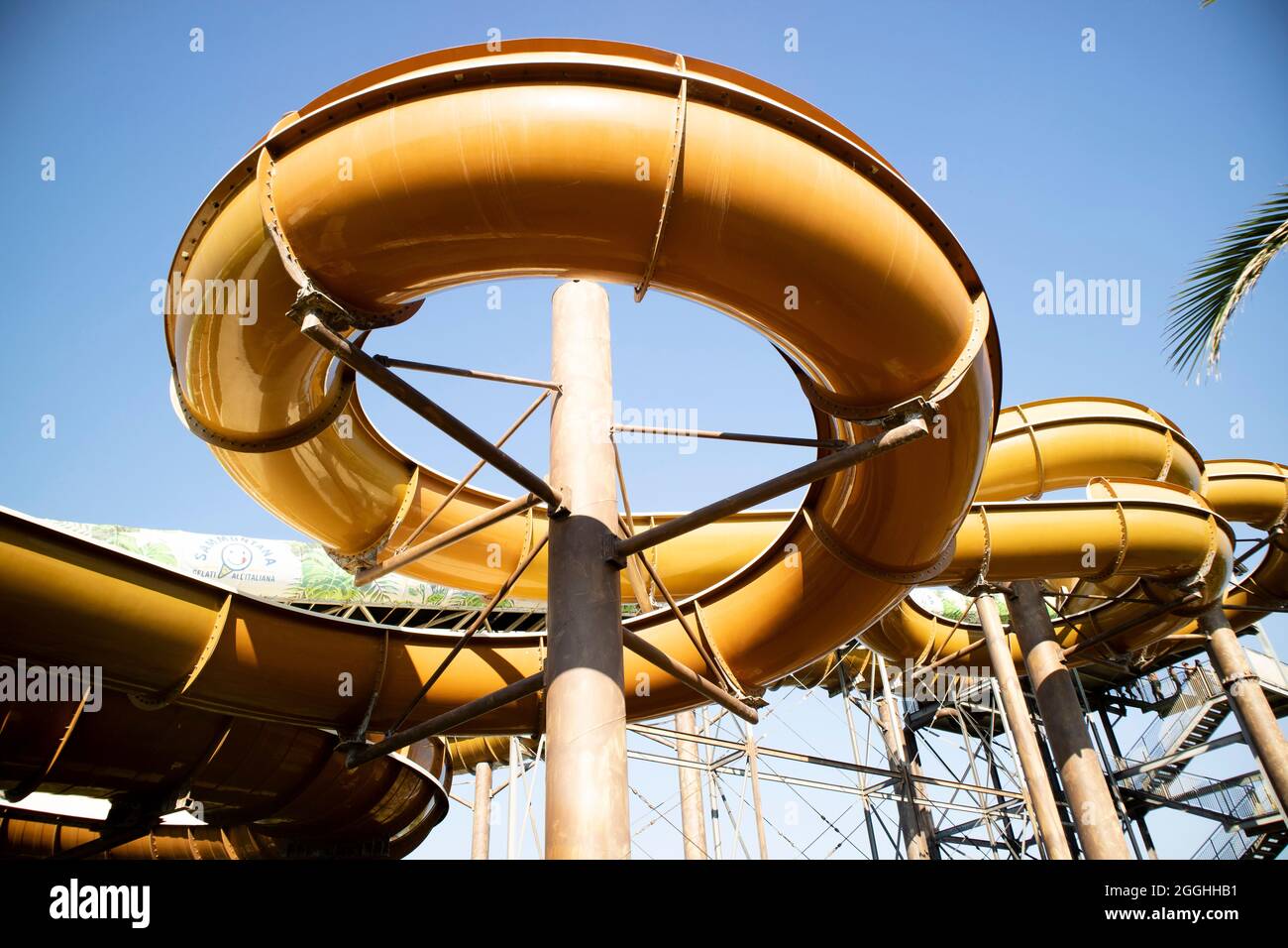 View of the steel structure of the Anaconda attraction in a water park