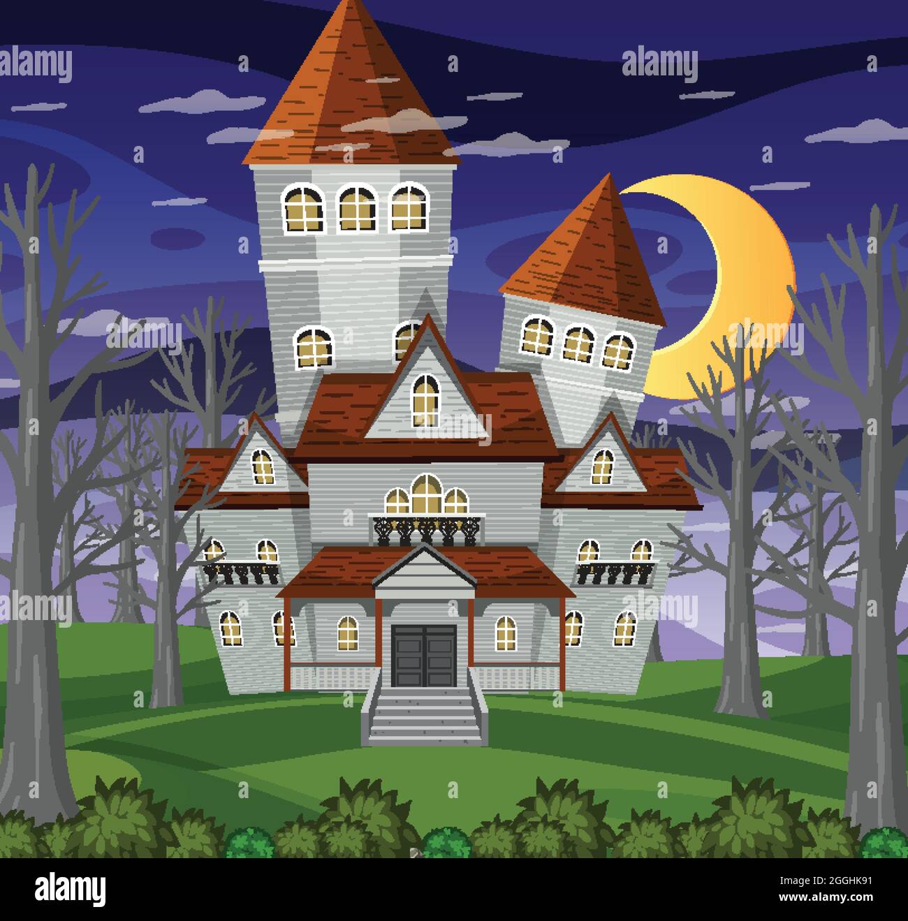 Haunted halloween mansion at night illustration Stock Vector Image ...