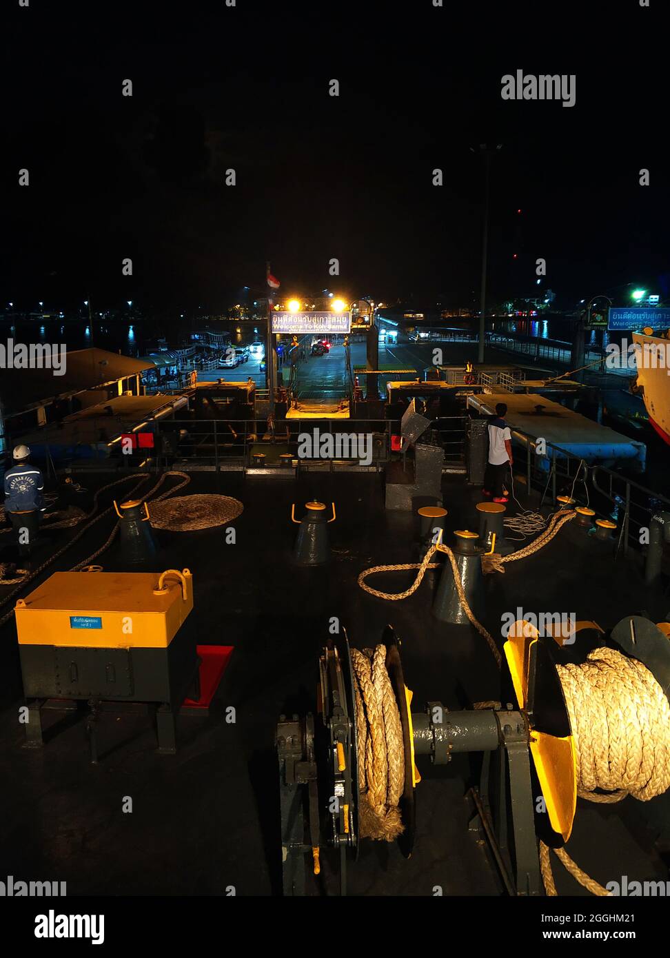 Ferry deck. Drum with mooring rope. Samui , Tailand - 02.09.2020 Stock Photo