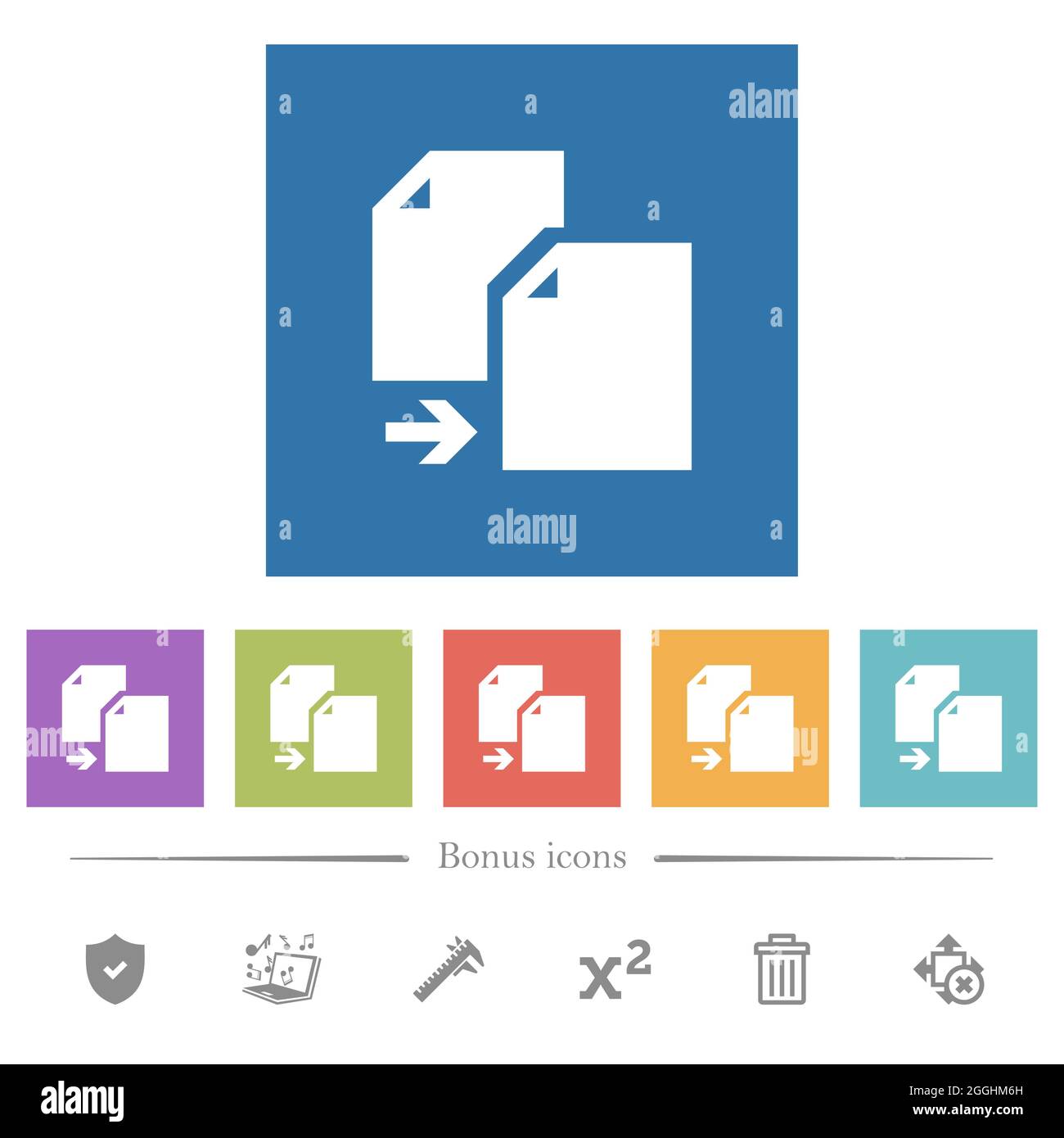 Copy document solid flat white icons in square backgrounds. 6 bonus ...