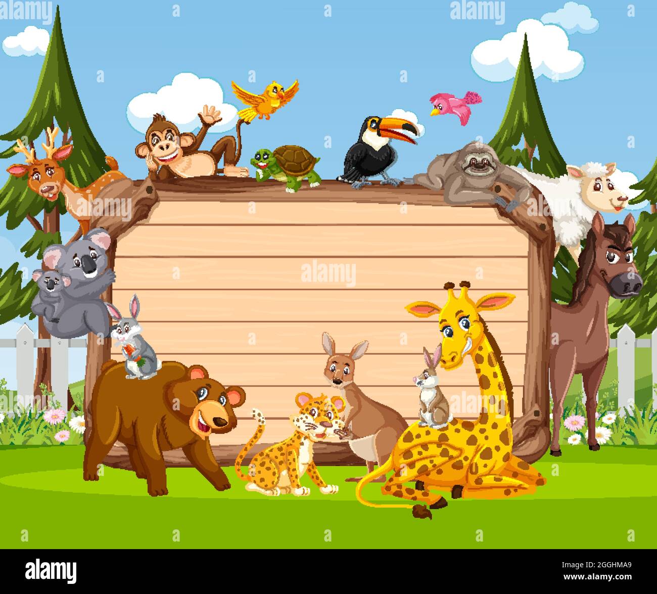 Empty wooden board with various wild animals in the forest illustration ...