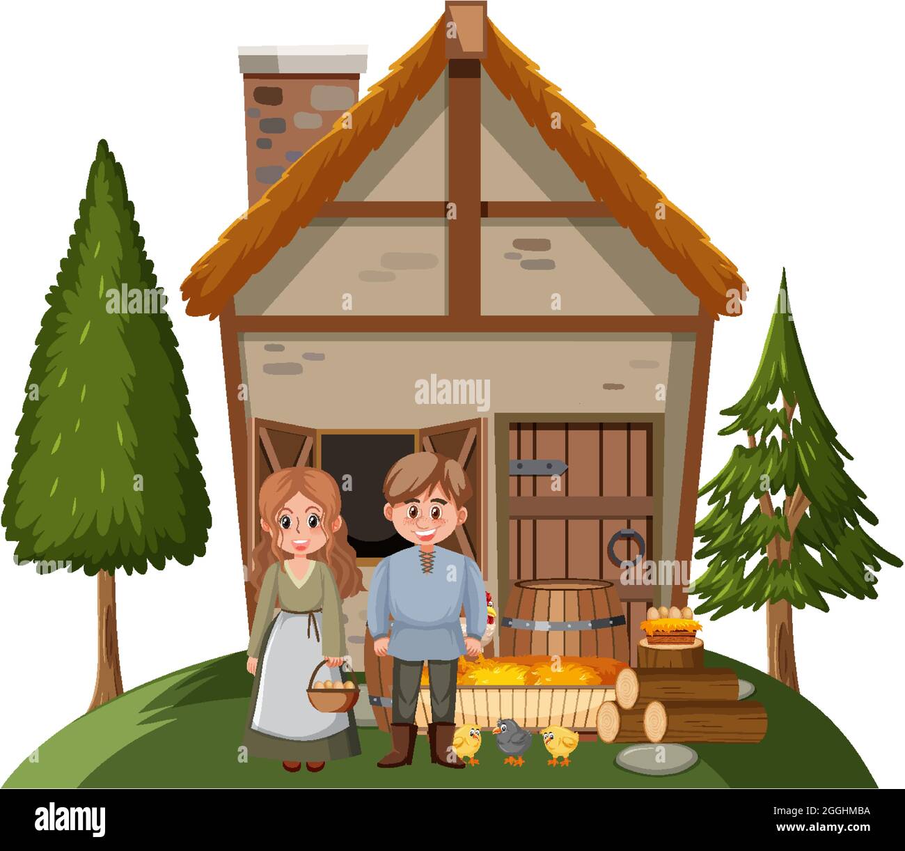 Farmhouse with villagers on white background illustration Stock Vector ...