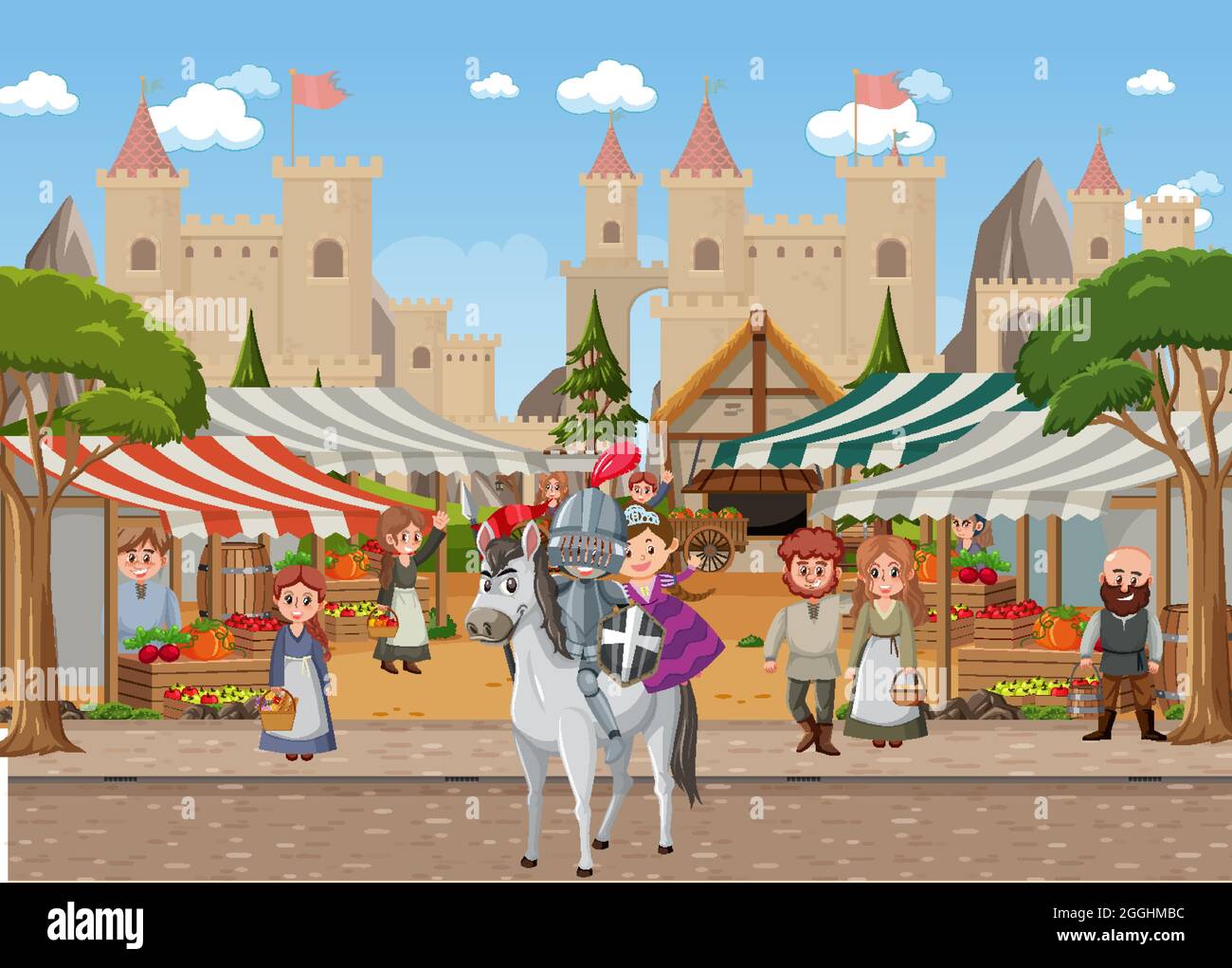 Medieval town scene with villagers illustration Stock Vector Image ...