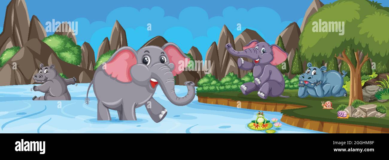 Forest panorama at daytime scene with many elephants cartoon character  illustration Stock Vector Image & Art - Alamy
