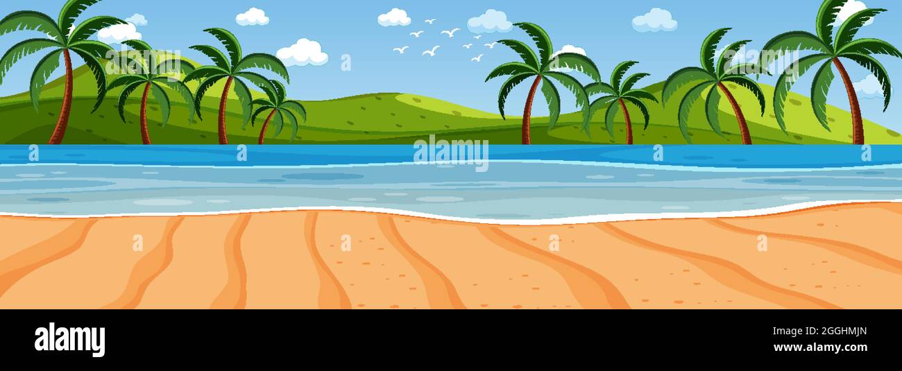 Panorama landscape scene with many palm trees at the beach illustration ...