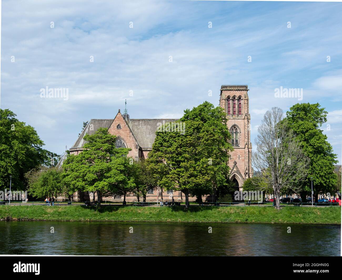 St. Andrew's Cathedral in Bishops Road viewed from Ness Bank, inverness, Scotland on a sunny day Stock Photo