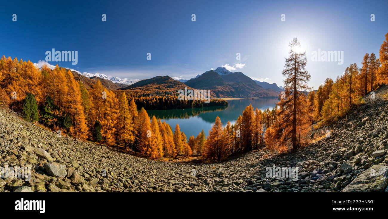 Wanderung im Herbst am Silser Höhenweg in der Schweiz im Engadin Stock Photo