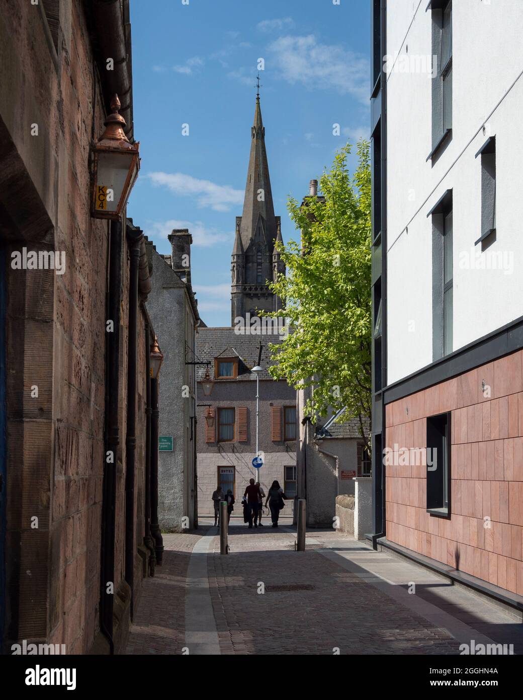 A mixture of old and new architecture and street furniture in School Lane, Inverness, Scotland Stock Photo