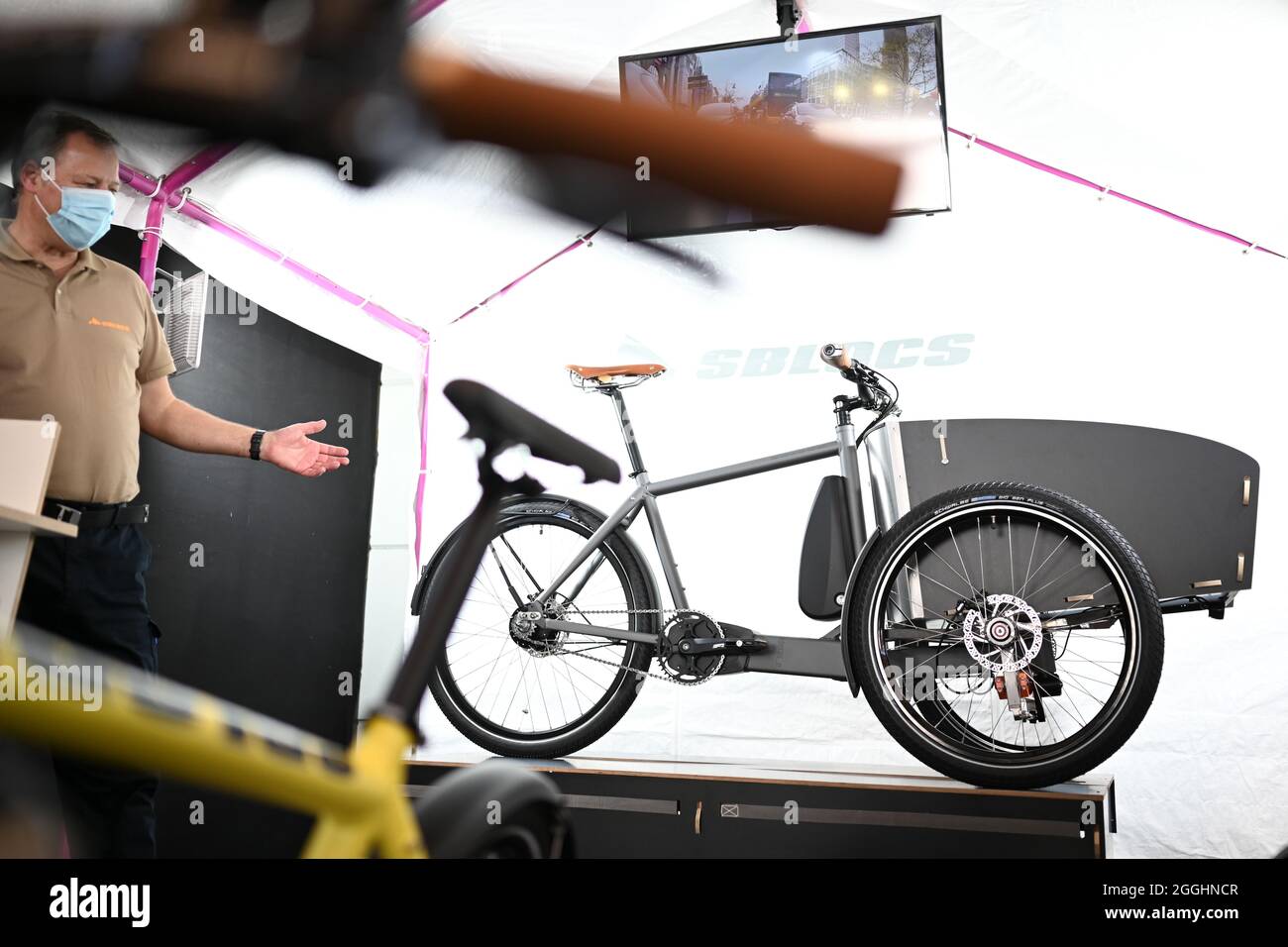 Friedrichshafen, Germany. 01st Sep, 2021. Marcus Dittberner, managing  director of sblocks bikes GmbH from Berlin, stands next to a cargo bike he  developed himself. (to dpa "Starting signal given for Eurobike bicycle